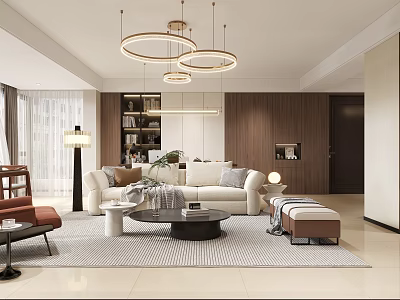 Modern Living Dining Room Interior With Beige Sofa Coffee Table Round Chandelier Bookshelf And Area Rug 3d model