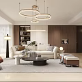 Modern Living Dining Room Interior With Beige Sofa Coffee Table Round Chandelier Bookshelf And Area Rug