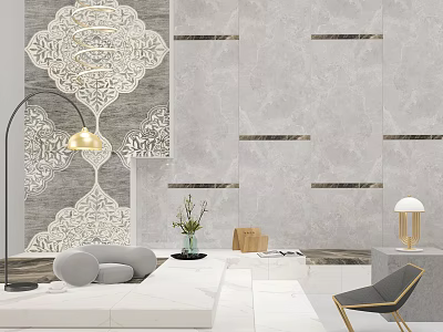 Modern Floor Lamp in Elegant Living Room with Decorative Wall Gray Sofa and Green Plant 3d model