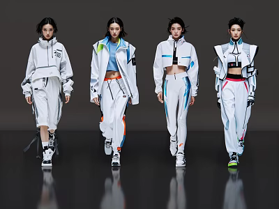 Women Models Walking in White Sportswear with Stylish Details on Gray Reflective Background 3d model
