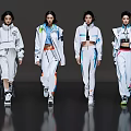 Women Models Walking in White Sportswear with Stylish Details on Gray Reflective Background
