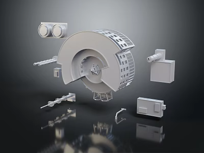 Detailed 3D Rendering of Various Weapon Components and Parts on Reflective Surface 3d model