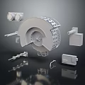 Detailed 3D Rendering of Various Weapon Components and Parts on Reflective Surface