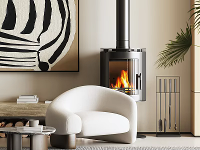 White Single Sofa in Living Room with Fireplace Flames Zebra Wall Art and Potted Plant 3d model