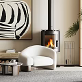 White Single Sofa in Living Room with Fireplace Flames Zebra Wall Art and Potted Plant