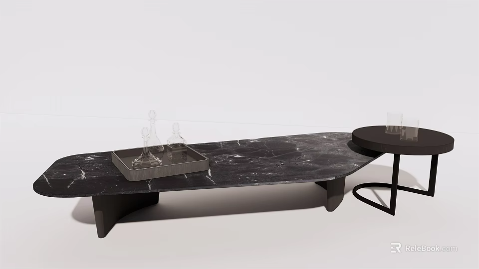 Modern Minimalist Black Marble Oval Coffee Table With Round Side Table Design 3d model 