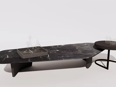 Modern Minimalist Black Marble Oval Coffee Table With Round Side Table Design 3d model