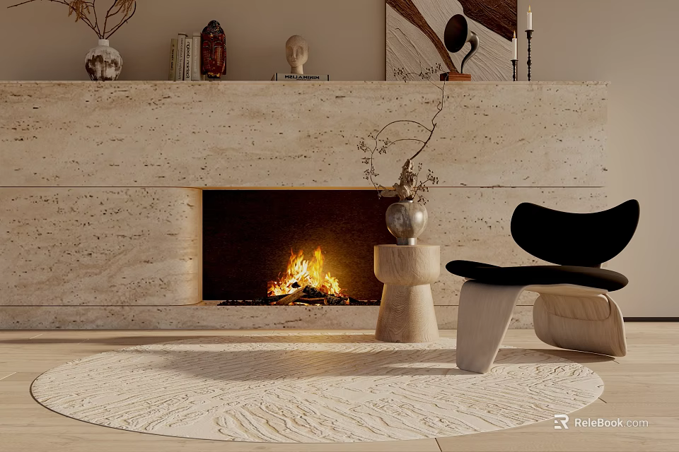 Leisure Chair In Modern Living Room With Fireplace Burning Fire Decorative Vase And Round Rug 3d model 