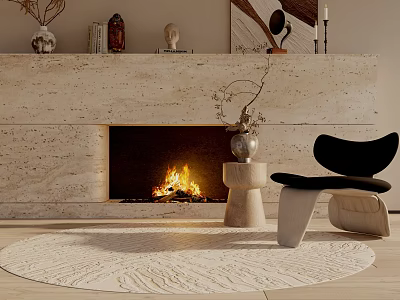 Leisure Chair In Modern Living Room With Fireplace Burning Fire Decorative Vase And Round Rug 3d model