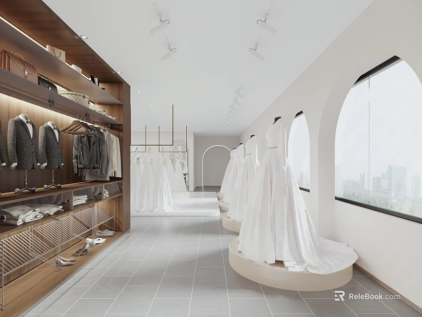 Spacious Bridal Shop Showroom With White Wedding Dresses Hanging Clothes And Display Racks 3d model 
