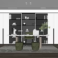 Modern Study Room Interior Design With Glass Shelves Desk Laptop Potted Plant And Area Rug