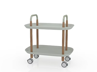 Two Tier Light Gray Mobile Shelf Trolley With Wooden Legs And Handles 3d model
