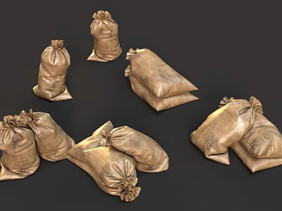 Brown Burlap Sandbags With Knotted Tops In Stacked And Loose Arrangement 3d model