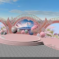 Pink Cherry Blossom Decorated Stage With Arched Structures Blue Sky And Mountain View 3d model