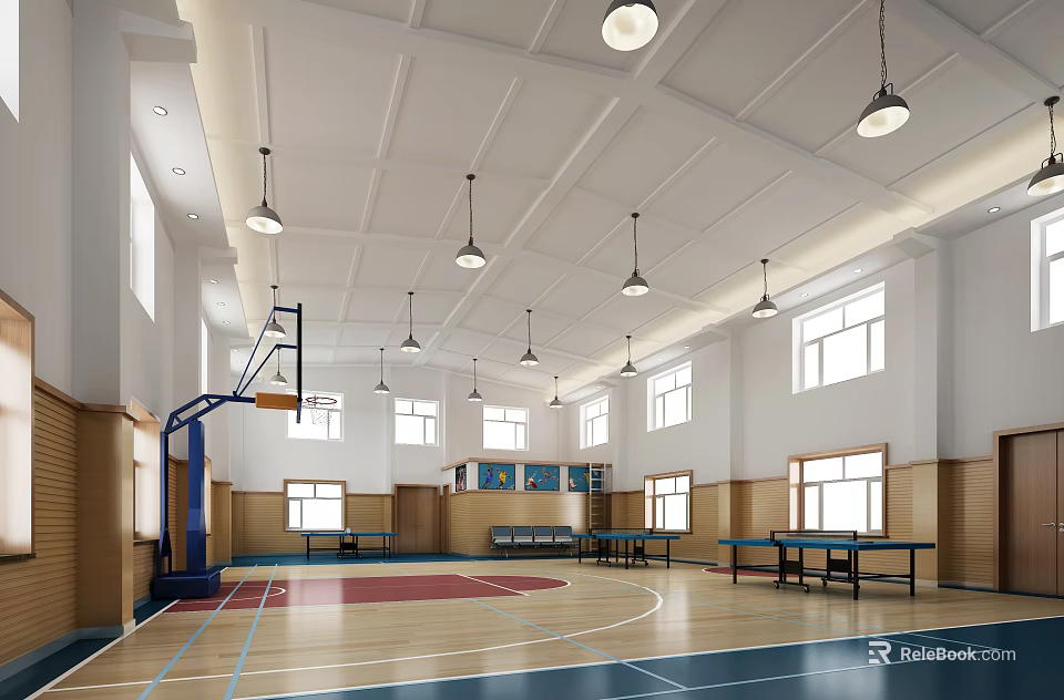 Spacious Basketball Gym Interior With Wooden Floor Hanging Lights Basketball Hoop And Windows 3d model 