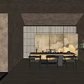 Japanese Tea Room Interior With Shoji Screen Wooden Table Chairs And Decorative Rocks