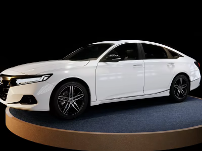 Modern White Sedan Car Featuring Sleek Exterior And Alloy Wheels On Display Stand 3d model