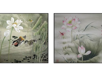 Two Botanical Paintings With White And Pink Lotus Flowers Green Leaves And Birds 3d model