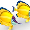 Colorful Yellow And Blue Cartoon Fish With Long Noses Big Eyes And Striped Fins