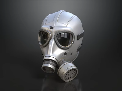 Silver Gas Mask With Protective Goggles And Round Filter On Black Surface 3d model