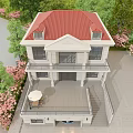 Two Story Detached Villa With Balcony Garage Front Staircase Pink Flowering Trees And Mountain View
