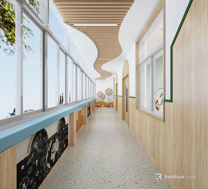 Kindergarten Corridor Featuring Large Windows Wooden Walls Blue Window Sills And Colorful Floor Patterns 3d model 