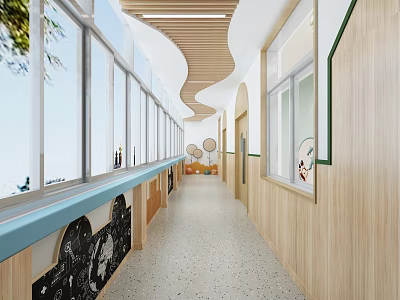 Kindergarten Corridor Featuring Large Windows Wooden Walls Blue Window Sills And Colorful Floor Patterns 3d model