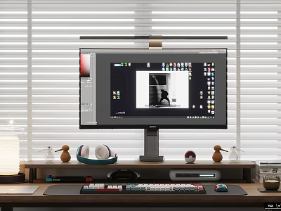 Modern Desktop Computer Monitor Setup With Design Software Interface And Accessories 3d model