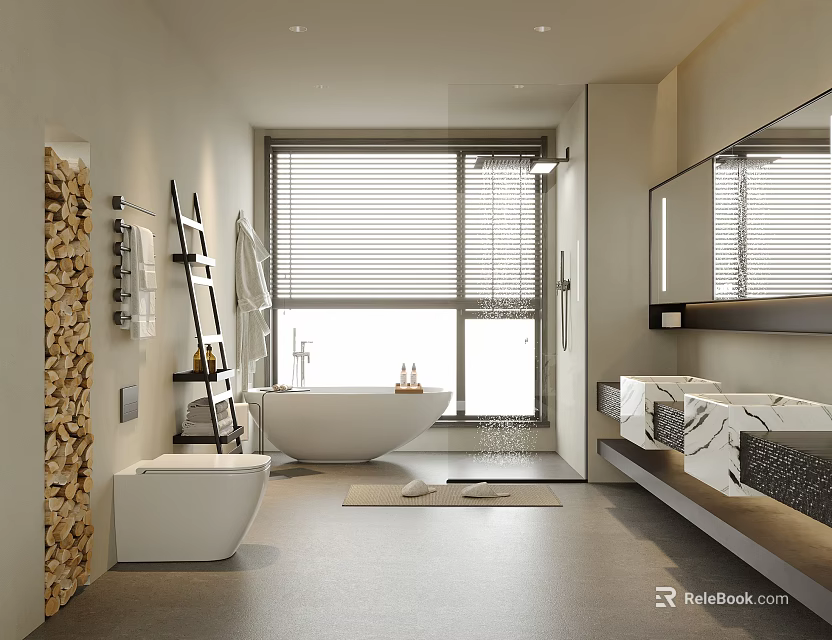 Modern Minimalist Bathroom Interior With Freestanding Bathtub Double Marble Sinks And Large Window 3d model 