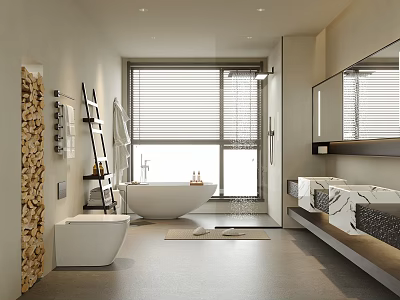 Modern Minimalist Bathroom Interior With Freestanding Bathtub Double Marble Sinks And Large Window 3d model