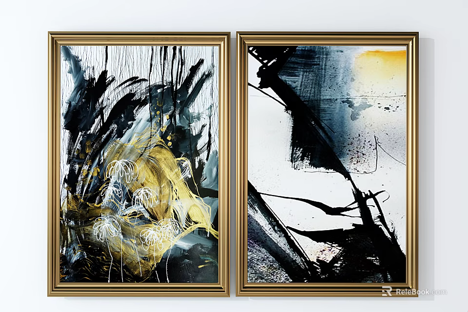 Abstract Wall Art With Golden Frames Black Yellow Colors Modern Home Decor 3d model 