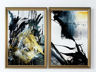 Abstract Wall Art With Golden Frames Black Yellow Colors Modern Home Decor 3d model