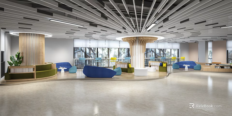 Modern Lounge Area With Colorful Sofas Round White Tables Large Windows And Columns 3d model 