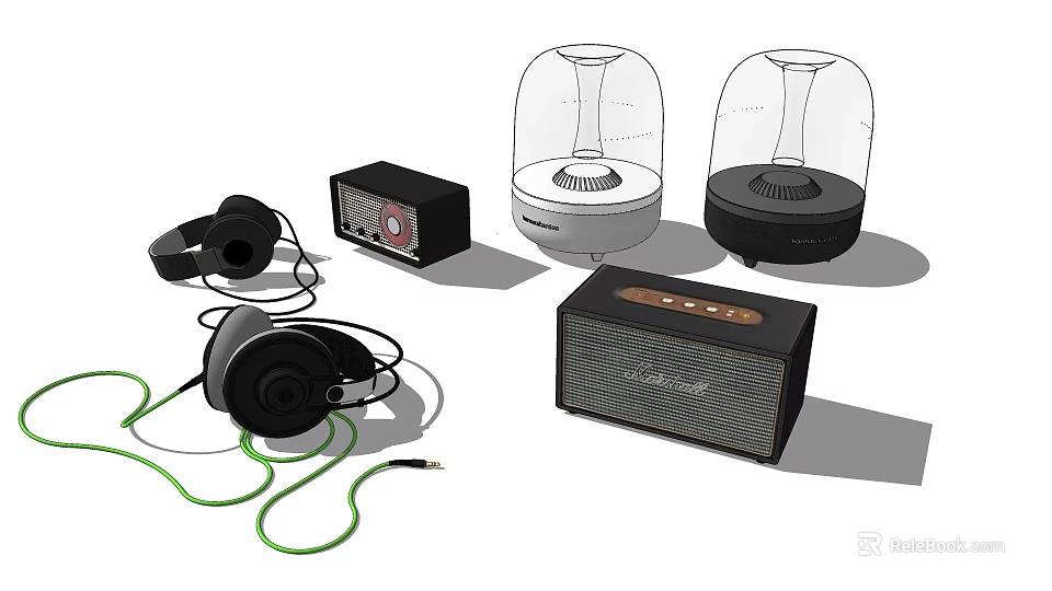 Modern Headphones and Speakers With Wired Over Ear Design Transparent Covers And Wooden Panel 3d model 