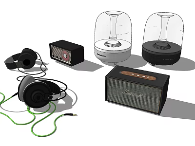 Modern Headphones and Speakers With Wired Over Ear Design Transparent Covers And Wooden Panel 3d model