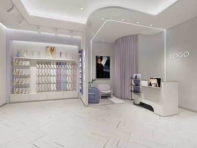 Modern Luxury Cosmetics Store Interior With White Purple Display Shelves Sofa Front Desk And LOGO 3d model