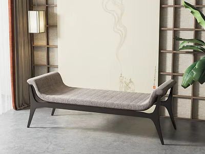 Modern Fabric Sofa Bench With Black Wooden Legs And Decorative Wall And Green Plant 3d model