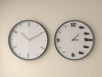 Two Wall Clocks Featuring Arabic Numerals and Time Themed Text on Beige Wall 3d model