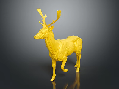 Yellow Deer Sculpture With Detailed Antlers And Muscular Body On Dark Surface 3d model
