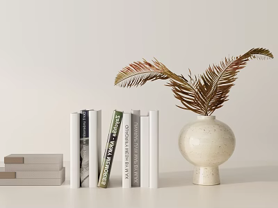 Ornamental Decor Set With Stacked Books And Ceramic Vase With Fern Leaves 3d model