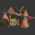 Festive Celebration Decorative Items With Colorful Firecrackers Cone Shaped Decorations And Drum Boxes