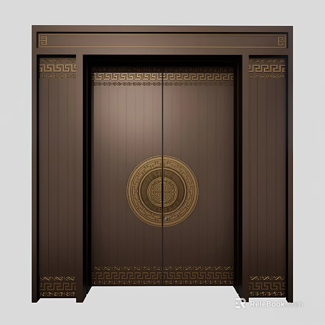 Classic Dark Brown Double Doors With Gold Circular Pattern And Traditional Motifs 3d model 