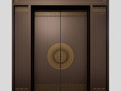 Classic Dark Brown Double Doors With Gold Circular Pattern And Traditional Motifs 3d model
