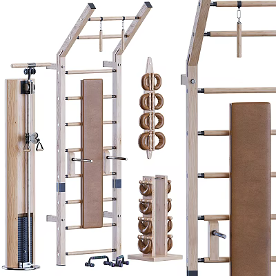 Wooden Multifunctional Fitness Equipment With Exercise Rollers Training Mat And Crossbars 3d model