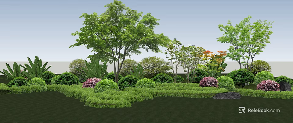 Lush Garden With Green Trees Bushes Purple Flowers And Well Trimmed Lawn 3d model 
