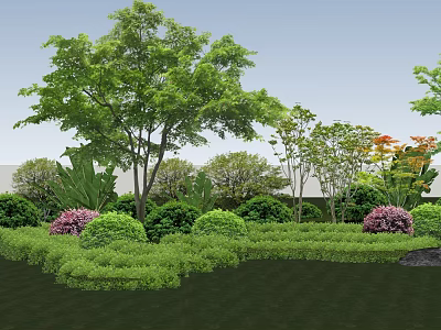 Lush Garden With Green Trees Bushes Purple Flowers And Well Trimmed Lawn 3d model
