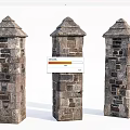 Three Decorative Stone Brick Columns With Pointed Tops And Textured Surfaces 3d model