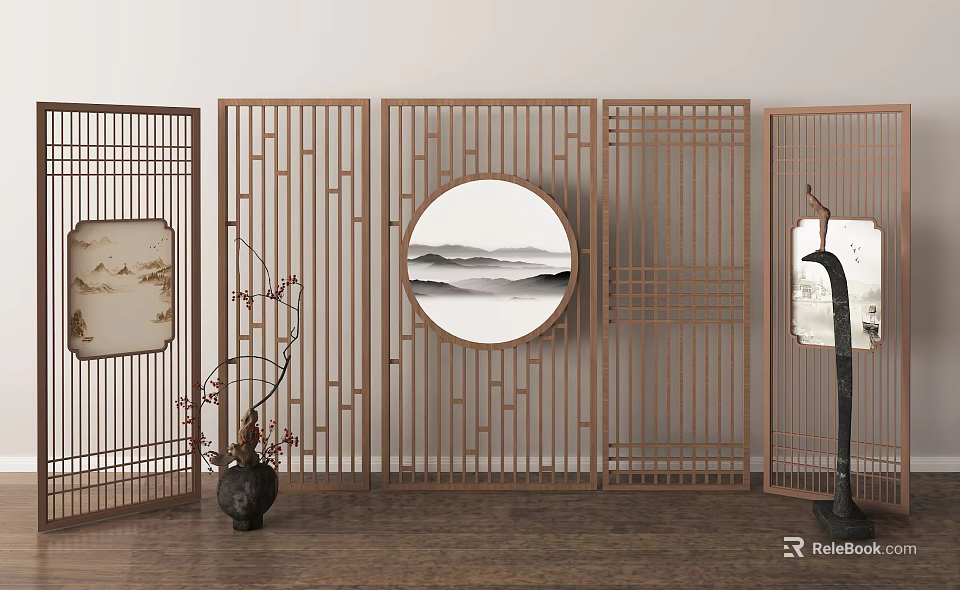 Chinese Wooden Lattice Room Divider With Circular Landscape Painting And Decorative Branches 3d model 