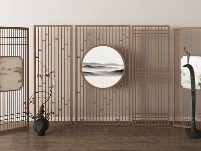 Chinese Wooden Lattice Room Divider With Circular Landscape Painting And Decorative Branches 3d model