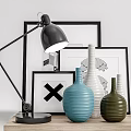 Modern Decorative Ornament Set with Black Table Lamp Ribbed Vases and Picture Frames